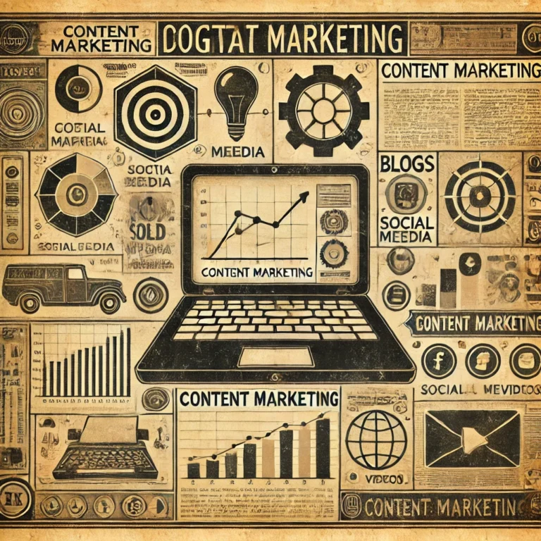 Content marketing illustration showcasing the benefits of content marketing with icons for brand visibility, audience engagement, and growth on a laptop screen.