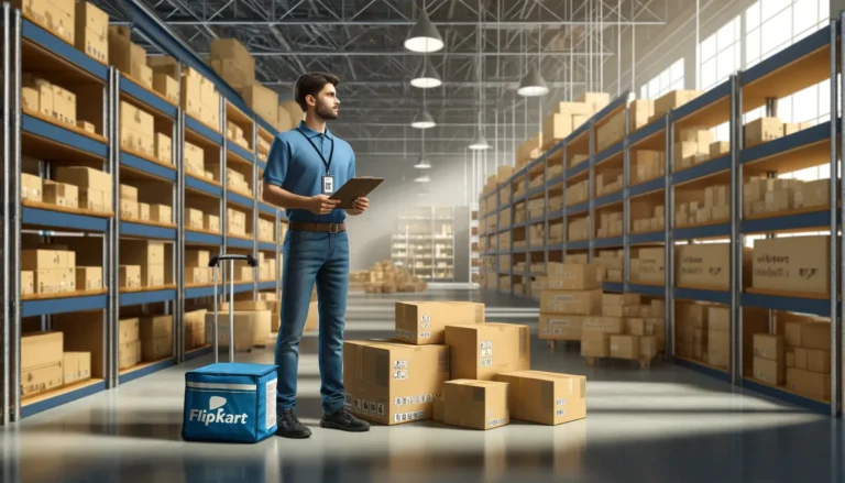 Flipkart account management services with organised warehouse, delivery worker, and labelled packages.