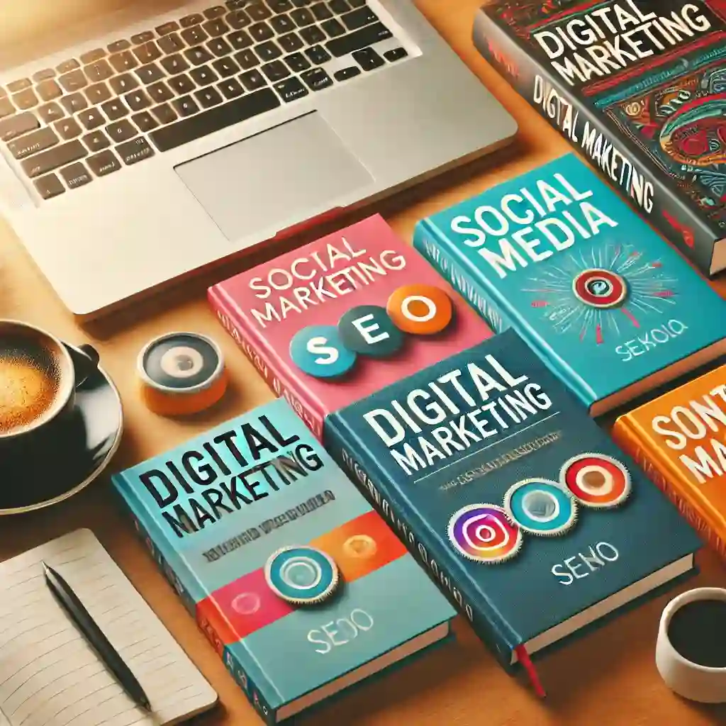 A collection of digital marketing books, with a laptop and coffee cup on a desk, ideal for beginners.