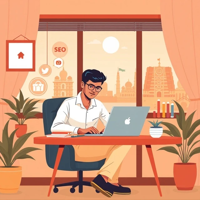A digital marketing freelancer in Chennai working on a laptop with icons for SEO, social media, and content marketing, with Chennai landmarks in the background