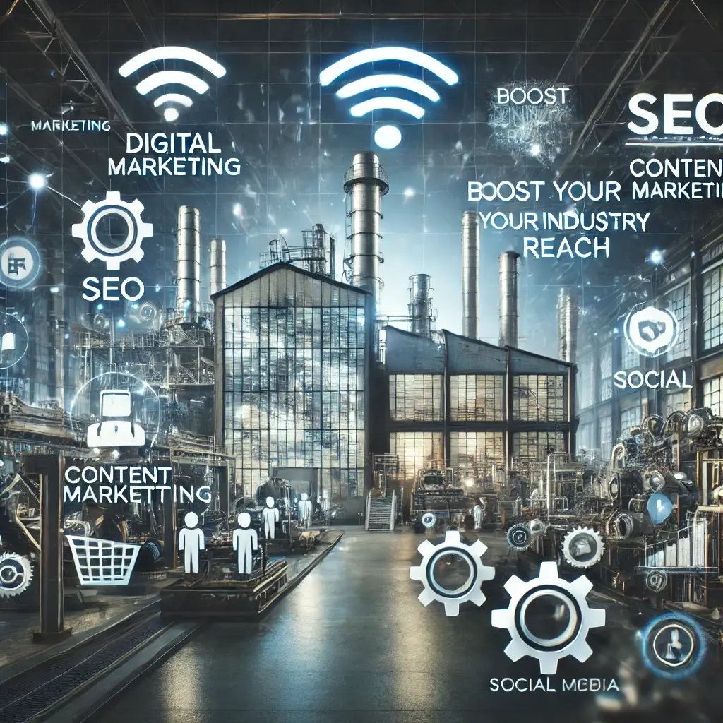 Digital Marketing for Manufacturing - SEO, content marketing, and social media symbols around a modern factory with digital connectivity