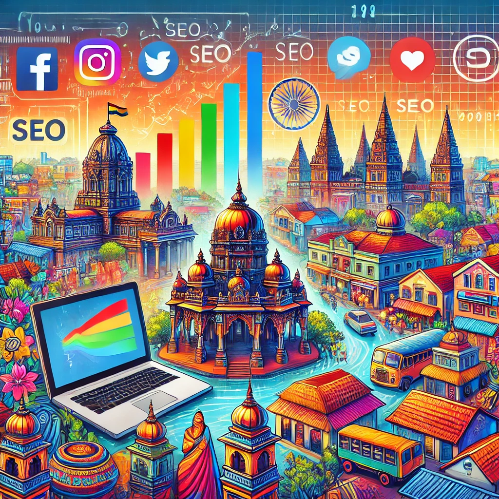 Digital marketing illustration showcasing Salem city with landmarks, SEO symbols, and modern business growth elements.