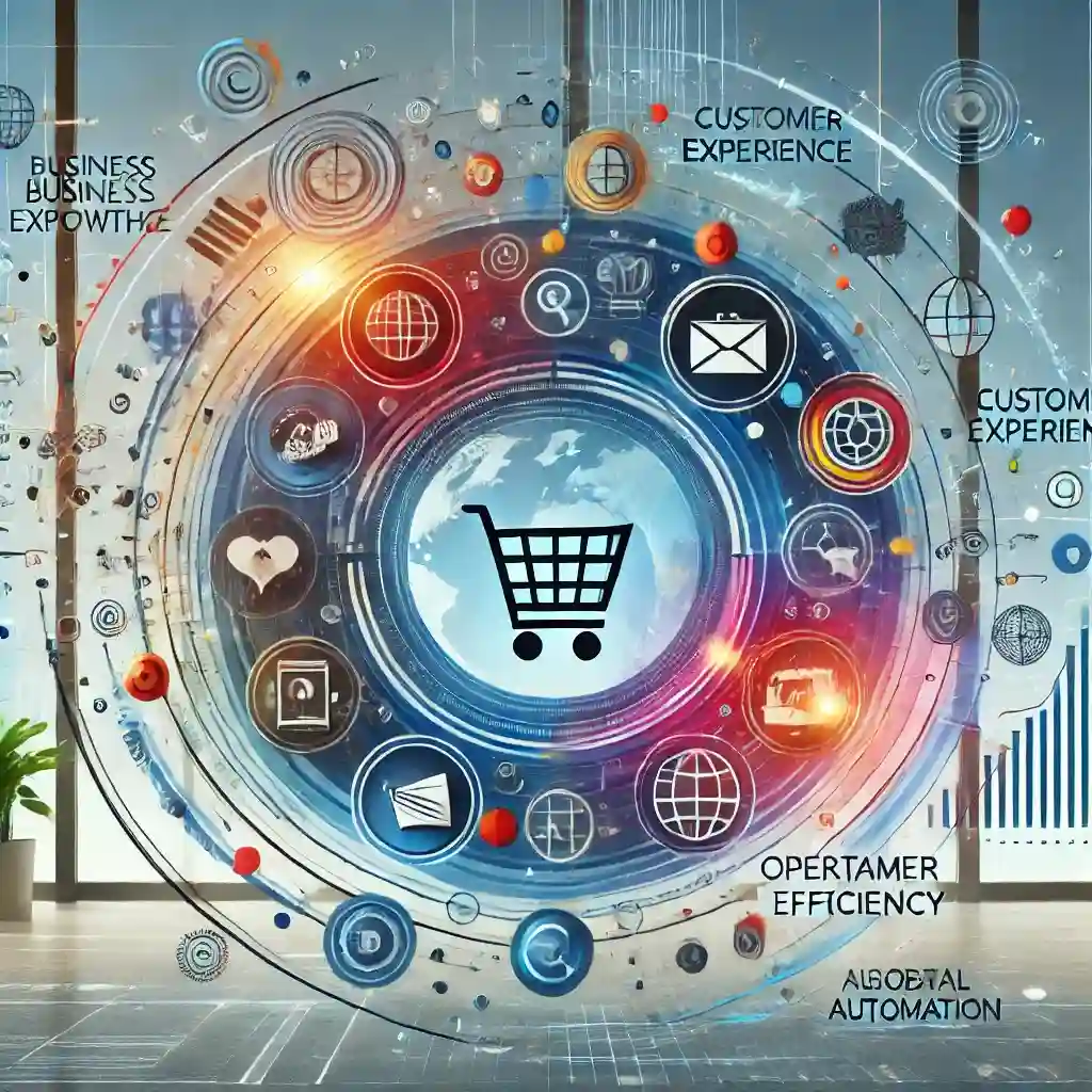 Abstract digital illustration representing the key objectives of e-commerce: business growth, customer experience, and operational efficiency