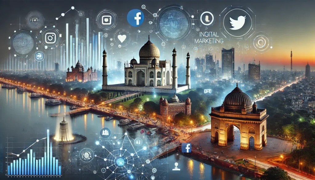 A futuristic Indian cityscape with landmarks like the Taj Mahal and Gateway of India, integrated with digital elements to symbolize the digital marketing industry in India.