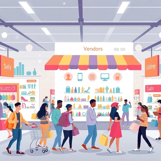 Graphic showing main features of e-commerce platforms such as product search, secure checkout, and customer support