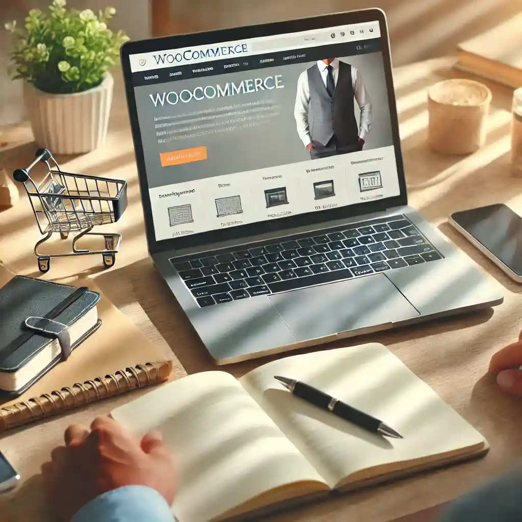 A professional workspace featuring a laptop with the WooCommerce dashboard open, representing WooCommerce development for e-commerce websites.
